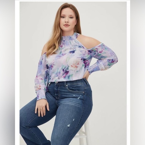 Georgette Smocked Neck Cold Shoulder Blouse - Picture 2 of 4